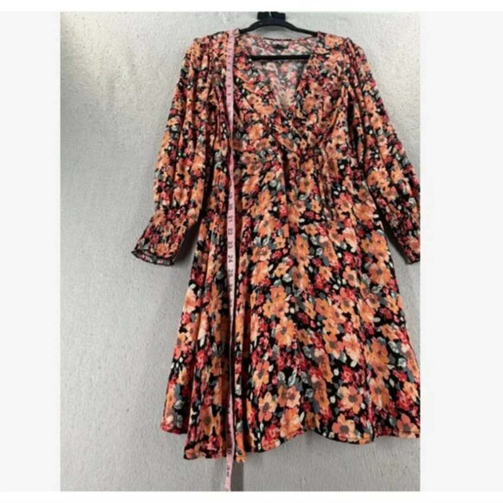 Wild Fable‎ Mini Faux Wrap Dress Womens M Orange Black Ditsy Print Whimsigoth